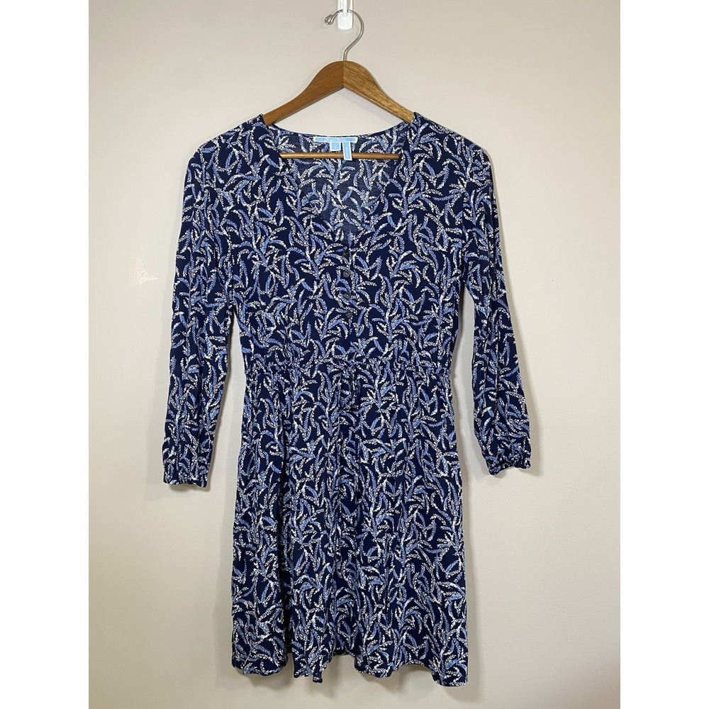 Draper James Dress Womens Size 2 Blue‎ Floral 1/2 Button V Neck Rayon Drawstring
